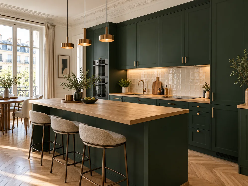 Cuisine ouverte rénovée, façades vert sapin et plan de travail en chêne
