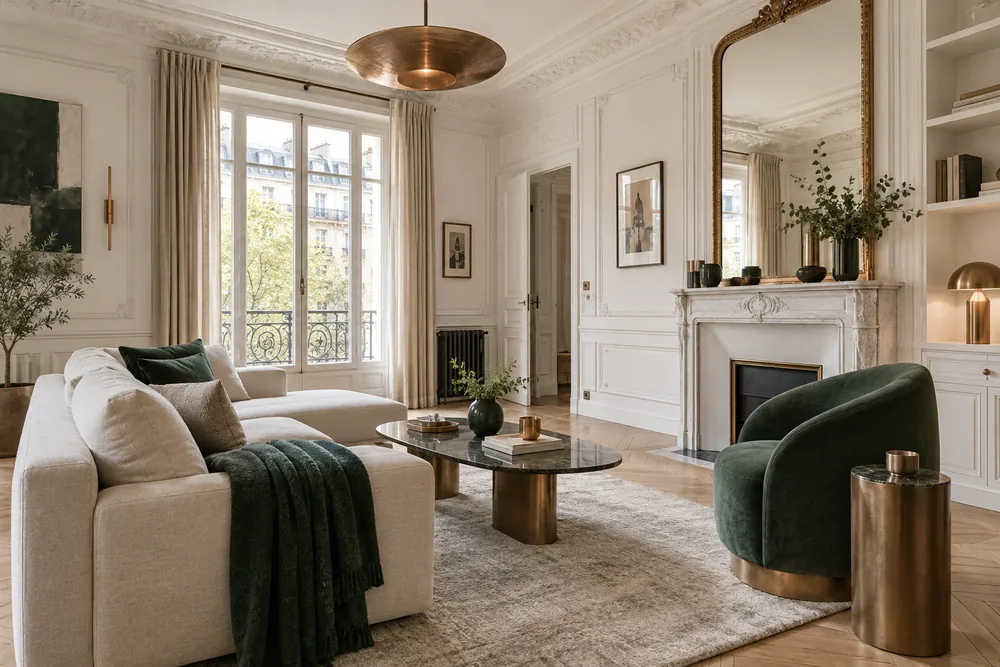 Séjour d'un appartement haussmannien rénové à Paris : parquet, moulures, cheminée en marbre
